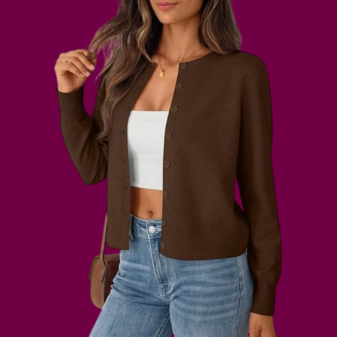 Hanna – Klassische Geknöpfte Strickjacke in Braun